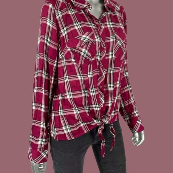 NWOT Torrid Plus Size New Burgundy Plaid Twill Tie Front Midi Shirt. - Picture 4 of 10